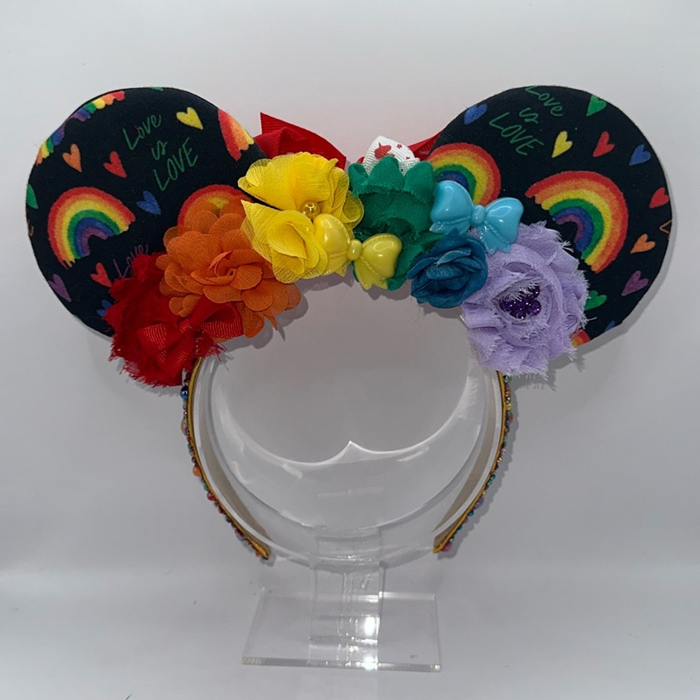 Rainbow Pride Inspired Minnie Ears Headband with Bows & Sequins